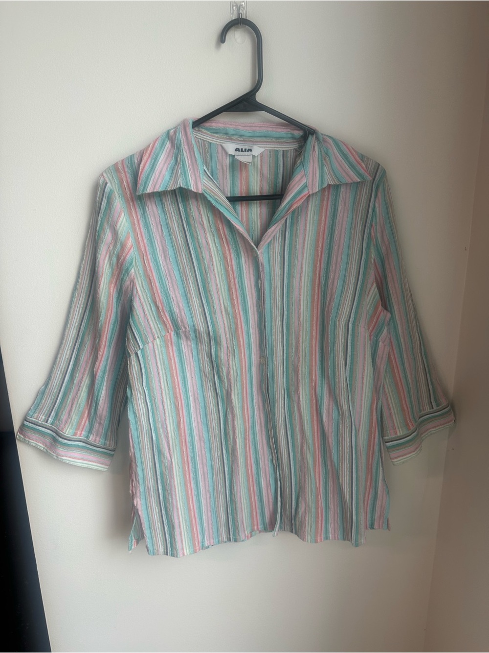 Alia Pastel Pink and Mint Striped Button-Down Blouse